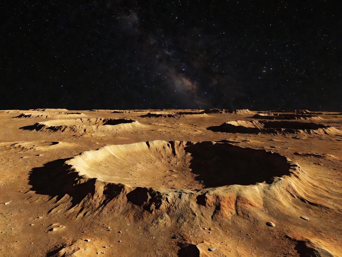 Breathtaking remote amber-colored moon landscape with immense craters