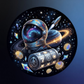 ScoutPatchHarvst.com premium Astro Slot logo featuring a futuristic astronaut helmet, planet with glowing rings, rocket, galaxy stars, premium slot reel, floating virtual gold coins, crystal energy elements, and a hidden S monogram in a circular space exploration badge