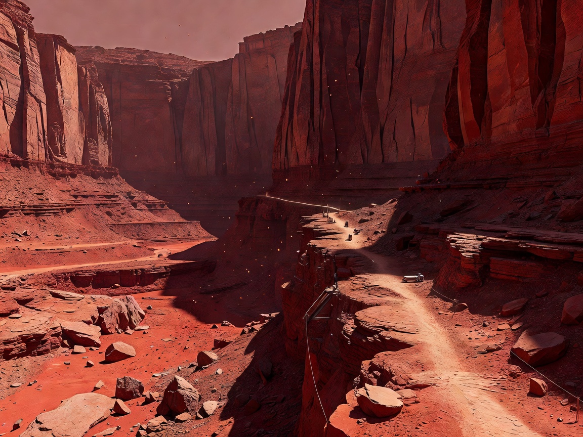 Monumental red planetary canyon crossed by a narrow scientific survey route