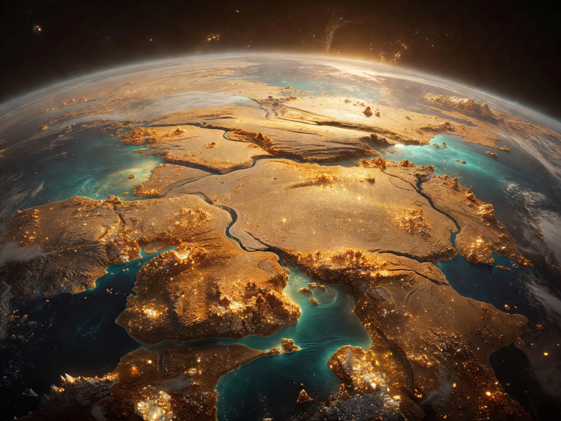 Vast cinematic orbital survey scene above an extraordinary distant planet with amber mineral continents